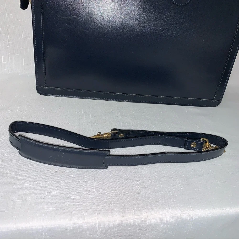 VINTAGE Atlantic Leather Briefcase Crossbody Handbag Navy Blue Attaché Case Luxe